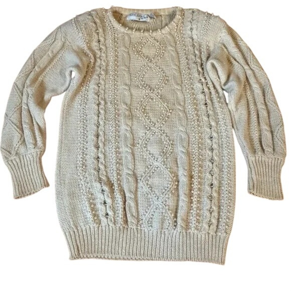 Bonnie Boerer Pret VTG Cream Fisherman Cable Knit Pearl Embellished Sweater S/S